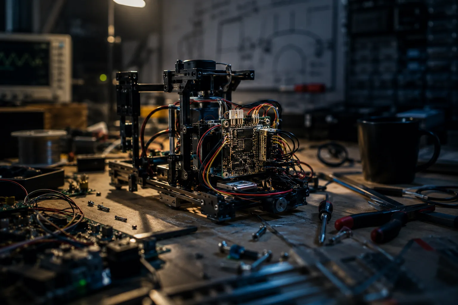 Engineering workbench with a hardware prototype, control board and tools